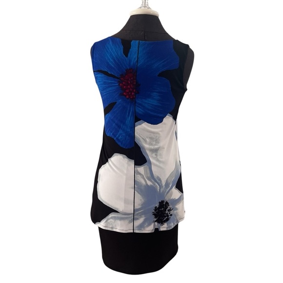 Loggia Graphic Floral Sheath Dress Small Jersey Knit Blue Black - Picture 2 of 10